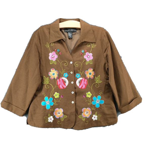 Silkland Women's Button-Up Jacket Brown XL Floral Embroidered Lined - Picture 1 of 13